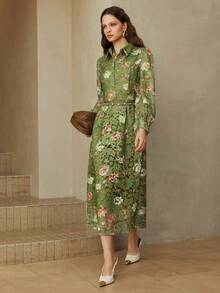 Arave Women's Water-Soluble Positioning Printed Fabric Shirt Collar Lapel Design Half-Open A-Line Hem Fashionable And Elegant Avocado Green Long Dress Women's Autumn Clothing, Elegant Dress - Avocado Green - View 5