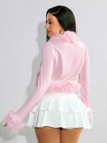 INAWLY Women's Y2K Solid Color Fuzzy Patchwork Long Sleeve Fashionable T-Shirt - Pink - View 5