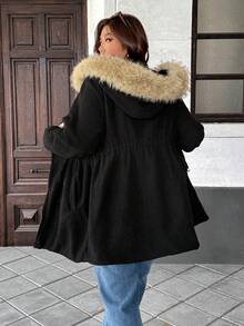 Easura 加大码连帽长袖收腰+可拆卸毛皮领衬垫外套 - 黑色 - 查看 2