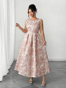 Elenzga 复古粉色提花无袖腰部收紧喇叭裙 - 粉色 - 查看 8