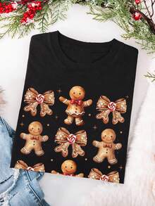 EMERY ROSE T-shirt casual grande taille imprimé "Gingerbread Man Bow Matrix" sur le thème de Noël - Noir - Voir 3