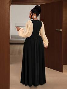Maweii Robe élégante et sexy grande taille à manches lanternes et blocs de couleur - Noir - Voir 3