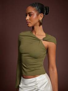 L'Amorae Asymmetric Single Sleeve Twist Metal Decor Top - Army Green - View 5