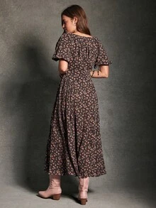 WESTFADE Dark Pink Ditsy Floral Print Scoop Neck Bow Tie Puff Sleeve Shirred Fit & Flare A Line Midi Dress,Summer Cottage Core Tea Party,Boho Coastal Cowgirl - Multicolor - View 3