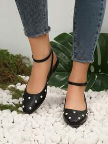 Zapatos para mujer con tachuelas decorativas, punta cuadrada, correa ajustable, estilo moderno elegante, ideales para oficina y uso diario - Negro - Ver 3
