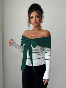 Elenzga Suéter ajustado con hombros descubiertos y diseño de rayas elegante y romántico para mujer - Verde Oscuro - Ver 4