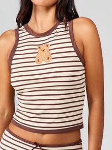 MISSGUIDED Christmas Striped Ribbed Knit Tank Top And Shorts Pajama Set With Bear Embroidery For Summer Loungewear - Multicolor - View 6