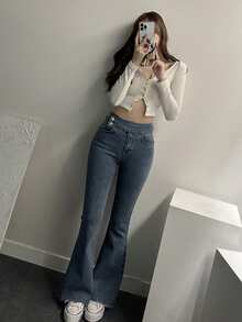 DAZY Quần jean ống loe dáng ôm thường ngày dành cho nữ - Rửa trung bình - Xem 5