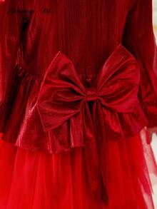 Glamorique Kids Girls' Elegant Long Sleeve Party Dress With Metallic Splicing, Mesh Design And 3D Bow Decor, Suitable For Autumn/Winter