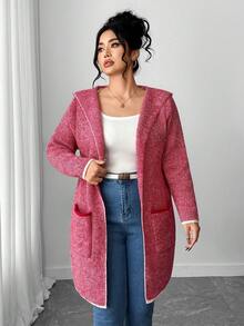 EMERY ROSE Plus Size Stylish High-End Jacquard Contrast Color Wool Cardigan - Burgundy - View 4