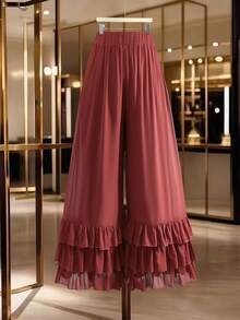 GlowEve CURVE 大码女式阔腿喇叭裤，层叠蛋糕喇叭裤，度假飘逸裤 - 紅木色 - 查看 6