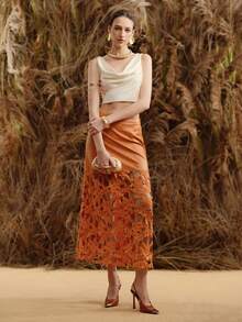 Arave Women's Solid Color Hollow Out Elegant PU Contrast Lace Midi Skirt