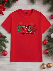 Manfinity Homme 男士2026图案圣诞新年T恤，适合家庭聚会、情侣约会、送给男友/老公的礼物 - 紅色 - 查看 7