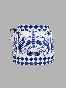 Swim Oasis 女士蓝白热带棕榈树印花连体泳衣，优雅休闲沙滩度假罩衫