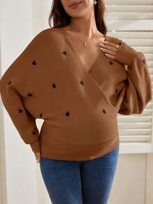 SHEIN Pregnant Women's Casual Heart Embroidery Batwing Sleeve Wrap Sweater, Autumn/Winter