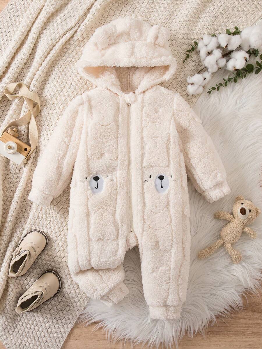 SHEIN Newborn Baby Girl Cute Apricot Fuzzy Cartoon Pattern Hooded Jumpsuit, Autumn/Winter - Multicolor - View 1
