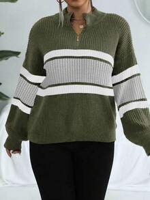 SHEIN LUNE Suéter casual de talla grande con bloques de color y rayas, otoño/invierno - Verde militar - Ver 3