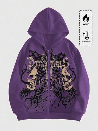 Goth Men's Casual Fleece-Lined Skull Print Hoodie Sweatshirt (In Stock), Fall Winter