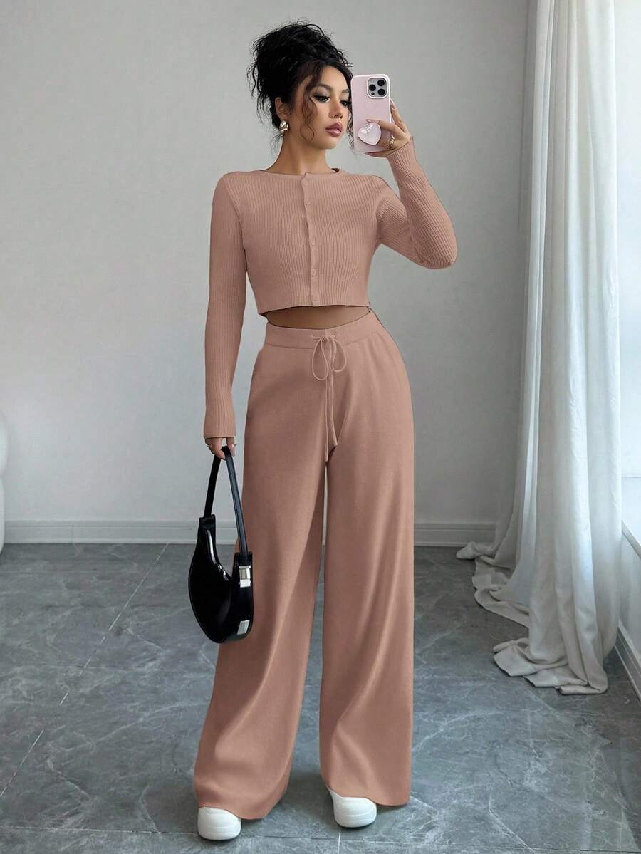 Modelyn Women's Elegant Solid Color Ribbed Knit Sweater And Wide Leg Pants 2 Pieces Set, Autumn - Dusty Pink - View 1
