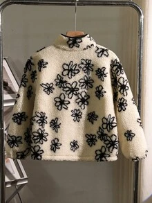 Genkimix Kids New Arrival Korean Style Tween Girl Floral Thermal Lined Zip-Up Jacket, Autumn/Winter - Black - View 2