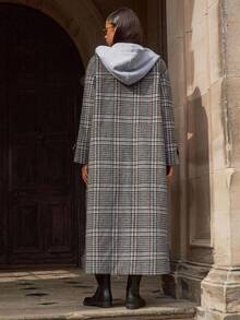 Athîral 女式格纹落肩长款连帽纽扣前开襟长款风衣 - 彩色 - 查看 2