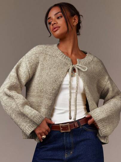 Athîral 女士秋冬落肩长袖系带针织开衫