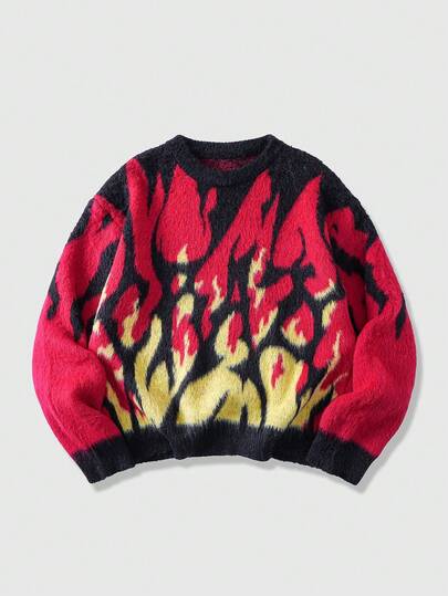 Men's Autumn/Winter Fashionable Colorblock Flame Pattern Sweater