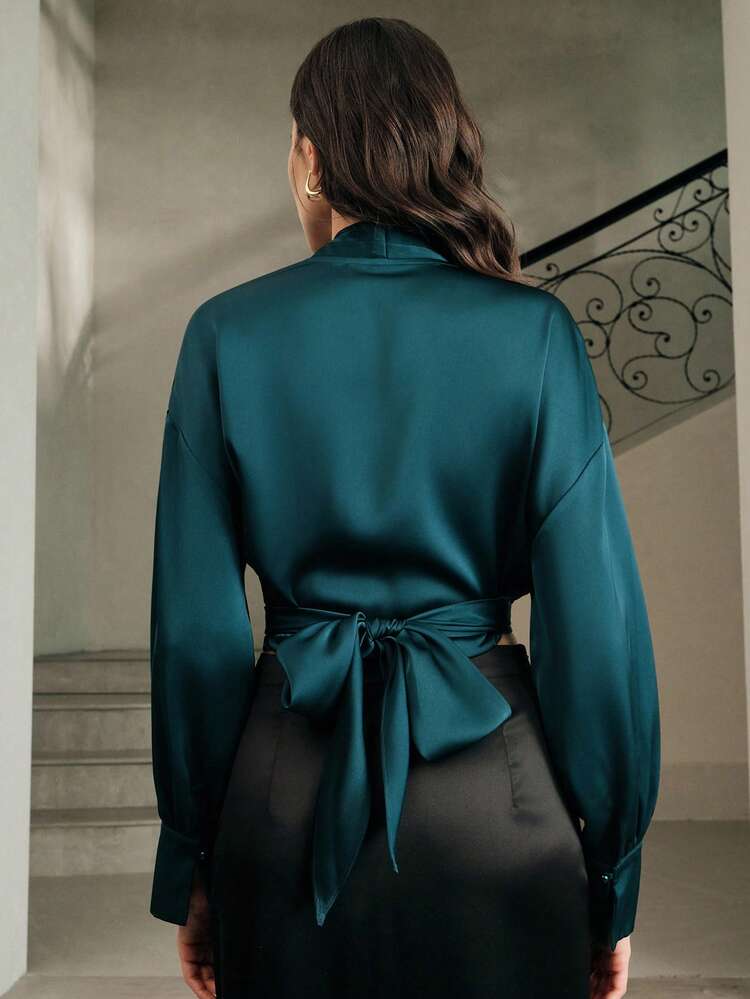 Blusa elegante de manga larga con cuello en V y lazo frontal para mujeres, adecuada para ir al trabajo, primavera, otoño y todas las estaciones