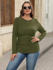 SHEIN LUNE Camiseta feminina plus size de cor sólida, gola redonda, manga comprida, fenda lateral e franzido, estilo casual, ideal para o outono, festas de fim de ano e inverno.