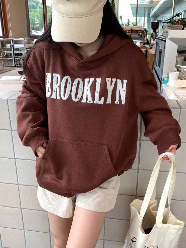 Women's Letter Print Drop Shoulder Long Sleeve Pocket Casual Sweatshirt, Autumn/Winter Hoodies