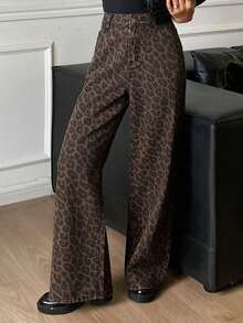 DAZY 女士豹纹口袋直筒宽松休闲牛仔裤 - 棕色 - 查看 5