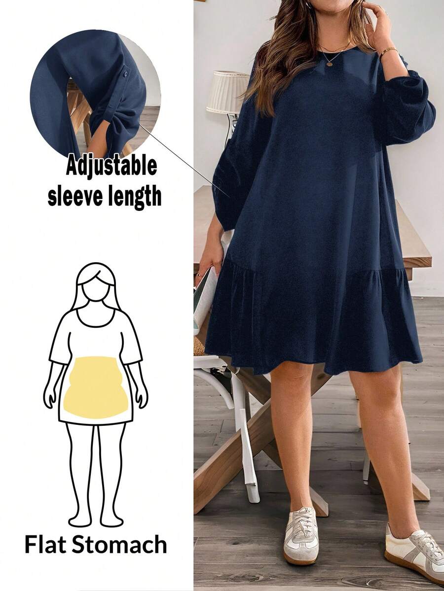 SHEIN Essnce Plus Size Women's Navy Blue Autumn Smart Casual Everyday Dress,Loose Comfortable Adjustable Sleeve Length Black Dresses,Church Outfits,Curve Cute - Navy Blue - View 1