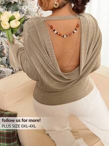 Lounesse Plus Size Fashionable Chain Decor Backless Flare Sleeve T-Shirt, Autumn