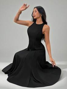 SHEIN PETITE Abito lungo casual con stampa di ombrello, adatto per l'abbigliamento quotidiano e per i look a strati in autunno/inverno - nero - Visualizzare 1