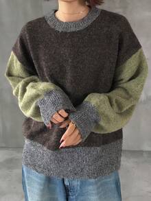 FRIFUL 女士撞色宽松圆领落肩长袖休闲套头毛衣，秋冬款 - 咖啡棕 - 查看 3