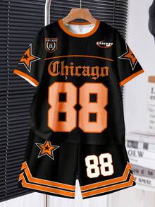 SHEIN Bộ 2 áo thun cổ tròn tay ngắn in hình ngôi sao và quần short phong cách thể thao bóng chày cổ điển dành cho bé trai tuổi teen, số 88, họa tiết Gothic Chicago, thích hợp cho mùa hè - Nhiều màu - Xem 2