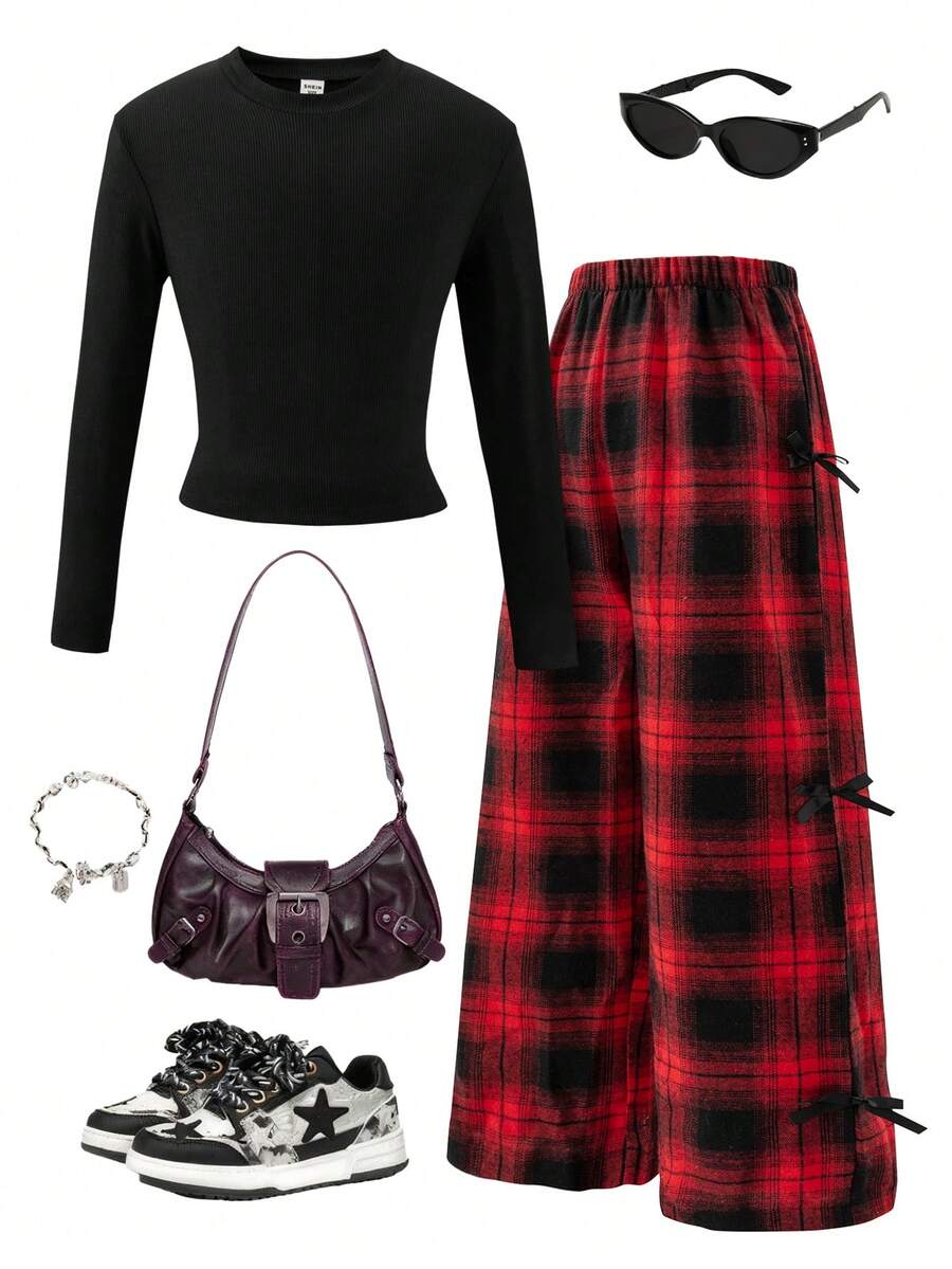 SHEIN Explorewe 2pcs/Set Tween Girl Streetwear Tee & Pants Set, Mock Neck Long Sleeve T-Shirt With Bow & Leopard Print, Casual Pants - Multicolor - View 1