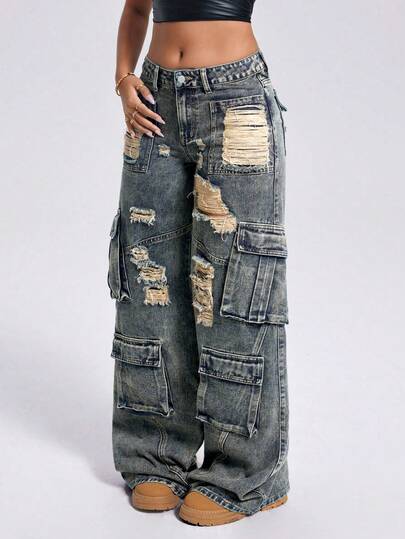 Jeans anchos y cómodos con múltiples bolsillos de trabajo, corte vintage, desgarrados y desgastados, en azul, para adolescentes, ropa casual y de moda, atuendos de otoño e invierno, atuendos de festival y ropa de calle