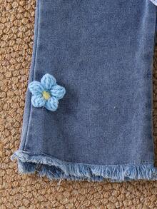 SHEIN 女童甜美可爱碎花条纹拼接长袖上衣和牛仔裤T恤套装 - 藍色 - 查看 5