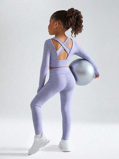 SHEIN Modeset för unga flickor, rund halsringning, långärmad, rygglös topp med ihålig design och smala byxor, lämplig för vardagsbruk, alla årstider