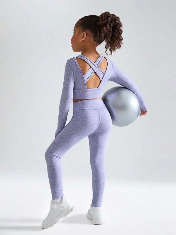 SHEIN Young Girls Fashion Set, Round Neck Long Sleeve Backless Hollow Design Top And Skinny Pants, Suitable For Casual Everyday Wear, All Seasons