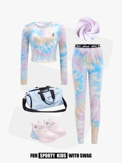 JNSQ Tween Girl Clothes, Girl Outfit Sets, Children's Autumn/Winter Sportswear, Autumn/Winter Girls Long Sleeve Fleece-Lined Fitted Tie-Dye Top Paired With Fitted Yoga Pants Set, Funny 3M Reflective Logo Fitted Top Paired With Yoga Pants 2-Piece Set, Suitable For Autumn/Winter Daily Wear, Outdoor Activities, Vacation, Streetwear, Party And Leisure