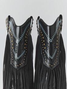 Solezae Botas occidentales de media pantorrilla con punta puntiaguda, tacón grueso, tachuelas y bordados para mujer - Negro - Ver 8