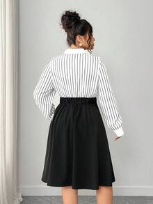 Elenzga 大码女式时尚百搭法式复古奢华优雅通勤休闲日常晚会派对度假条纹纽扣长袖连衣裙（Kooky Elegance 系列 - Woe Is Me Vibes - Wednesday Aesthetic） - 黑與白 - 查看 4