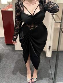 Flirla Vibekara 大码女士性感派对蕾丝拼接美人鱼裙摆褶皱胸部优雅复古浪漫修身可爱薄纱连衣裙，适合日常穿着、返校、生日、派对、鸡尾酒会、婚礼宾客、秋冬季等场合。 - 黑色 - 查看 7