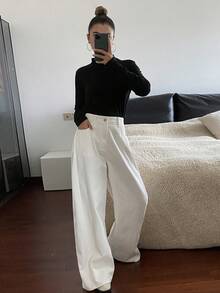 DAZY Jeans de pierna ancha de unicolor con bolsillo plisado y plegado para mujer - Blanco - Ver 3