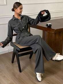 DAZY 秋冬新款宽松休闲做旧洗水收腰女式牛仔套装 - 深灰色 - 查看 2