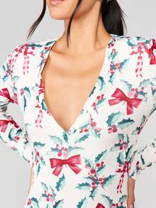 MISSGUIDED 圣诞假日冬青浆果蝴蝶结印花长袖深V领连体裤，节日圣诞派对连体衣 - 彩色 - 查看 6