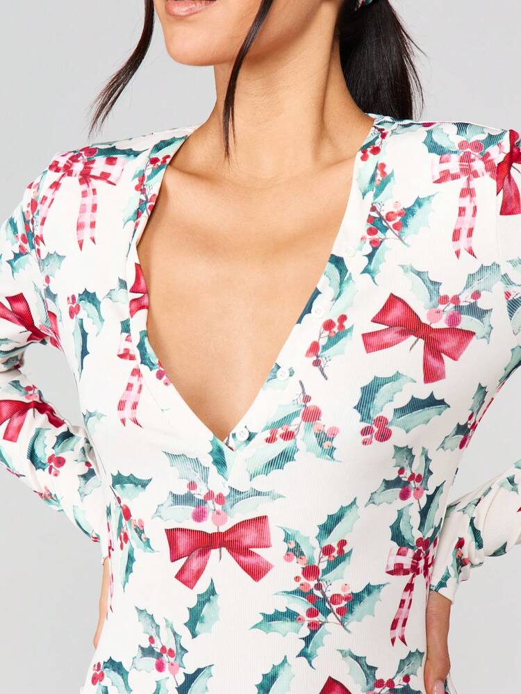 MISSGUIDED Mono de manga larga con cuello en V profundo con estampado de lazo de bayas de acebo, mono de fiesta navideña festiva