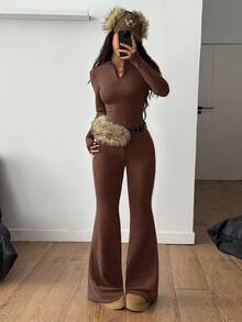 Coolane 女士秋冬街头休闲运动风基本款极简针织保暖/御寒/保暖四分之一拉链法式灰修身长袖高领T恤和喇叭裤两件套，带抓绒内衬 - 棕色 - 查看 2